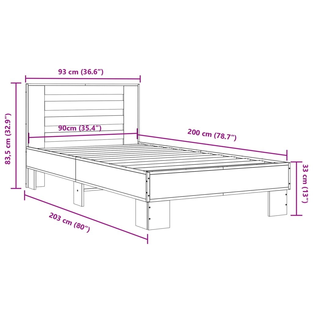 Sengeramme sonoma eik 90x200 cm konstruert tre og metall
