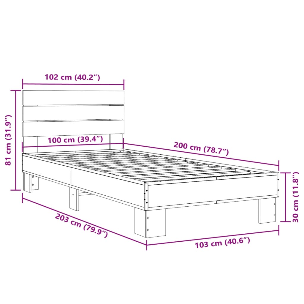 Sengeramme sonoma eik 100x200 cm konstruert tre og metall