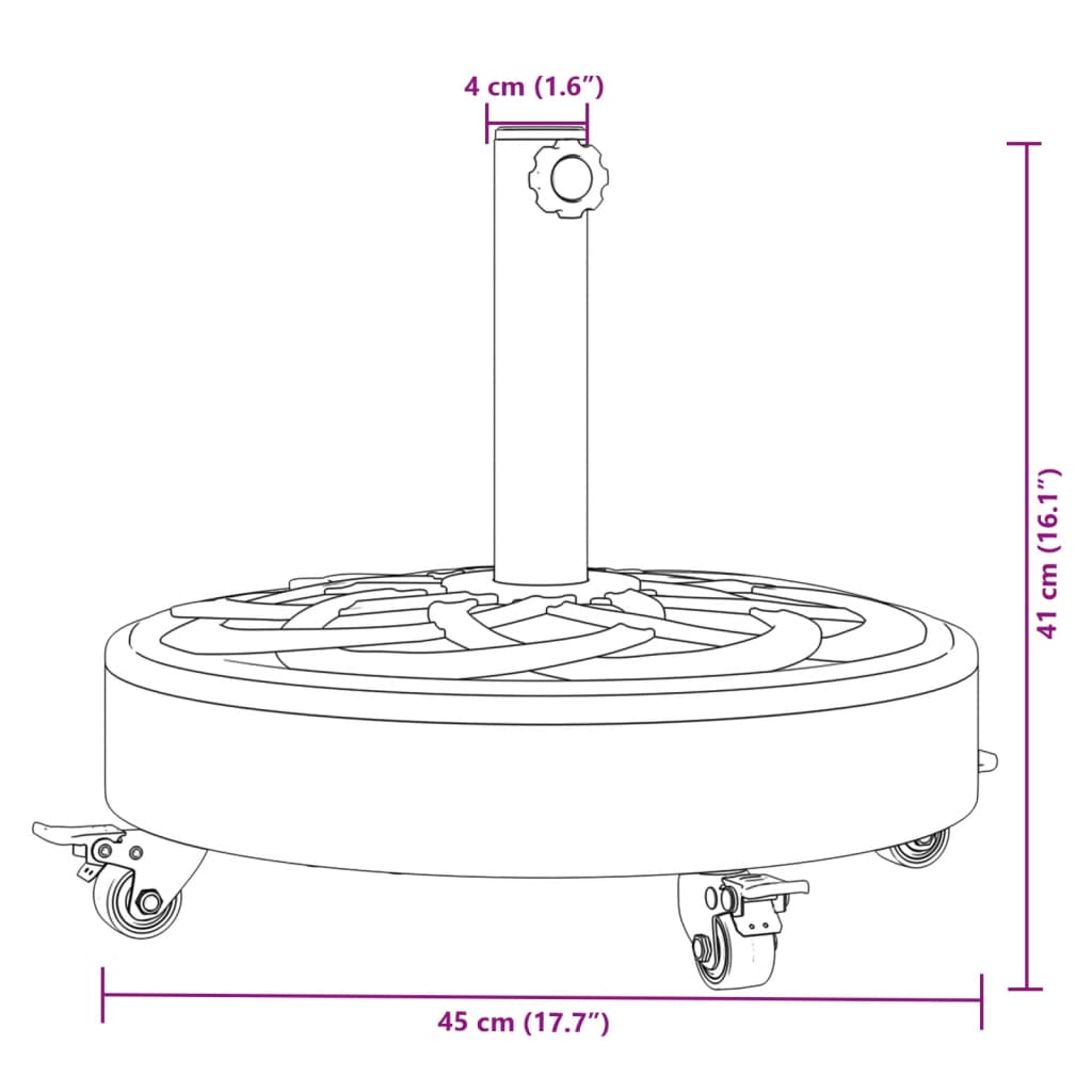 Parasollfot med hjul for Ø38 / 48 mm stenger 27 kg rund