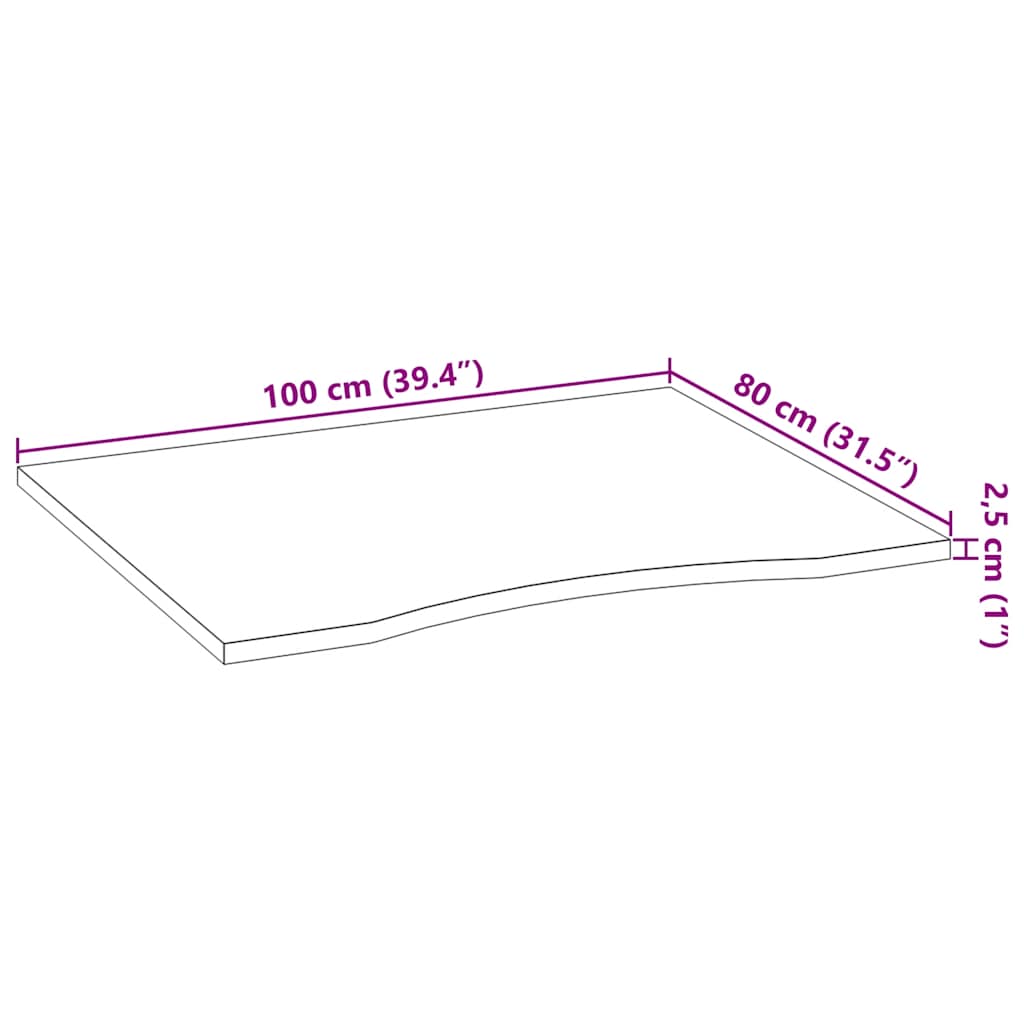 Bordplate rektangulær 100x80x2,5 cm ubehandlet heltre eik