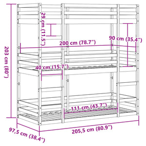 Trippel køyeseng hvit 90x200 cm heltre furu