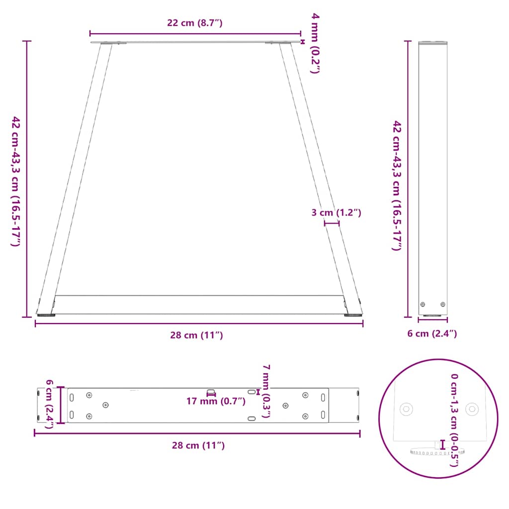 Spisebordben V-formet 2 stk naturell 28x(42-43,3) cm stål