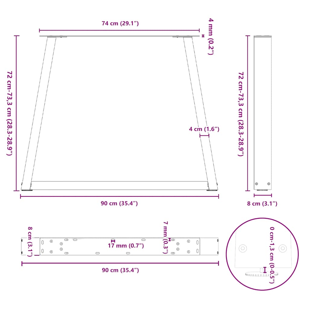 Spisebordben V-formet 2 stk naturell 90x(72-73,3) cm stål
