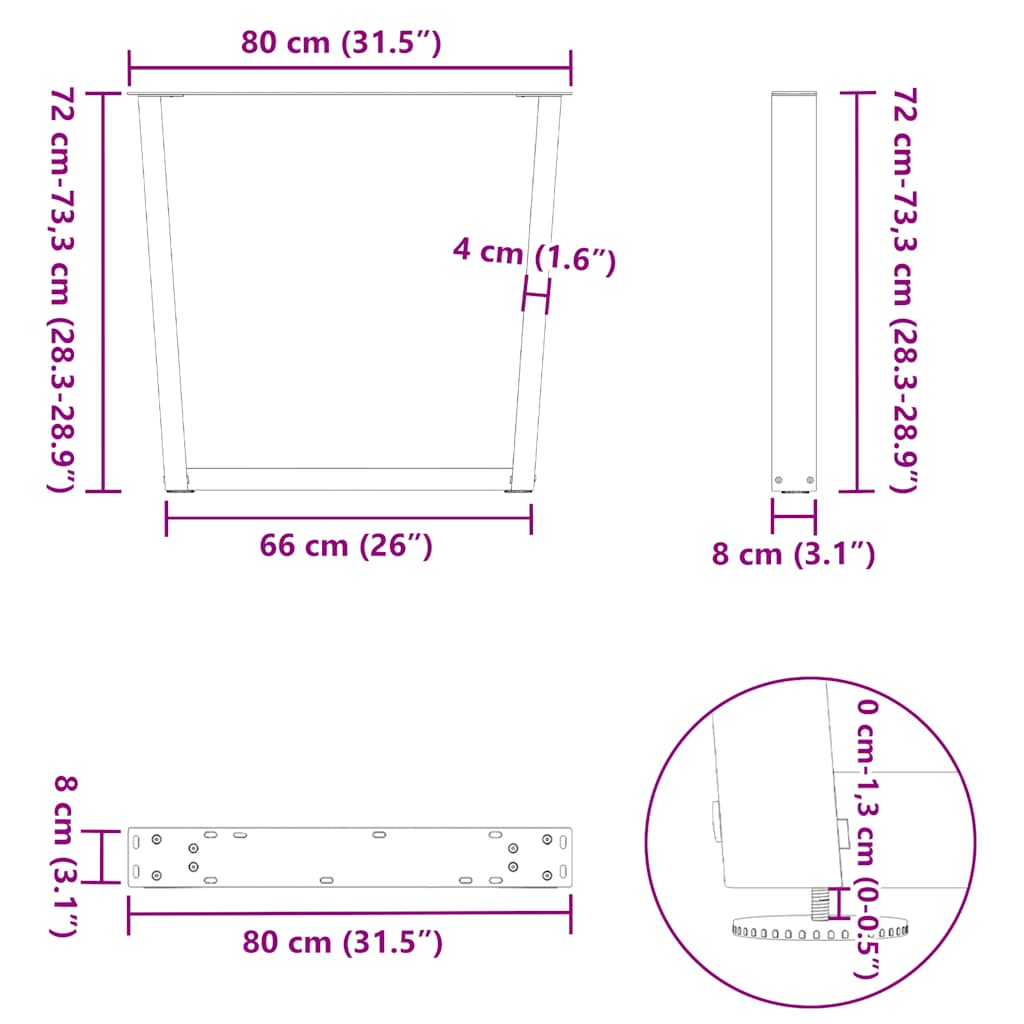Spisebordben V-formet 2 stk hvit 80x(72-73,3) cm stål