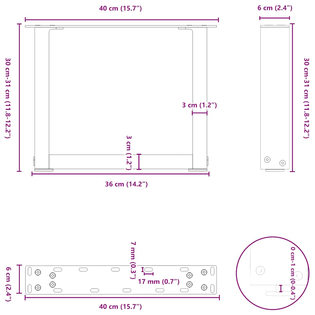 Salongbordben U-formet 2 stk hvit 40x(30-31) cm stål