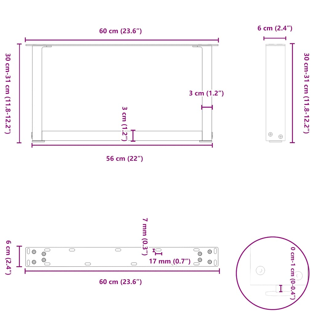 Salongbordben U-formet 2 stk naturell 60x(30-31) cm stål