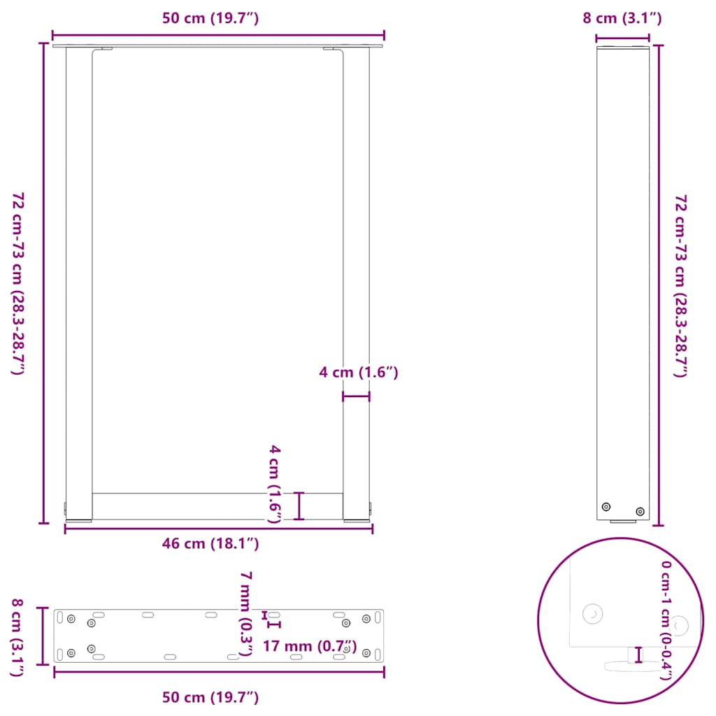 Spisebordben U-formet 2 stk naturell 50x(72-73) cm stål