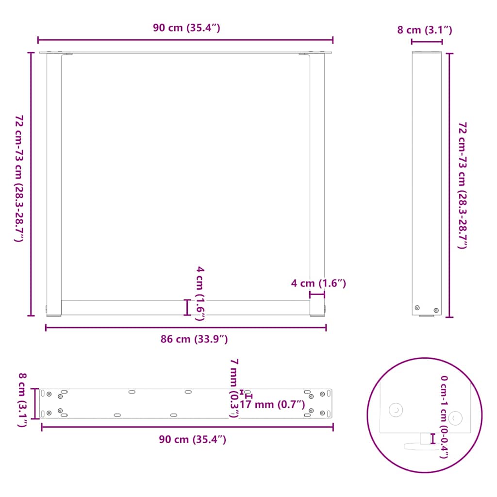 Spisebordben U-formet 2 stk naturell 90x(72-73) cm stål