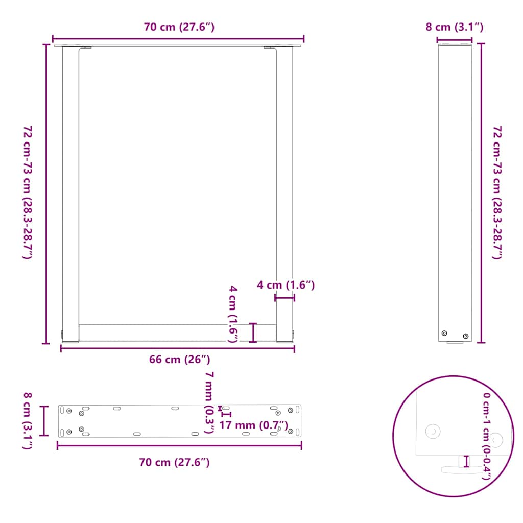 Salongbordben U-formet 3 stk naturell 70x(72-73) cm stål