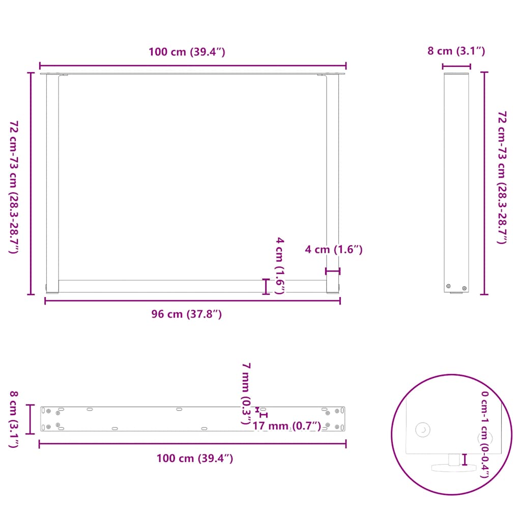 Spisebordben U-formet 2 stk hvit 100x(72-73) cm stål