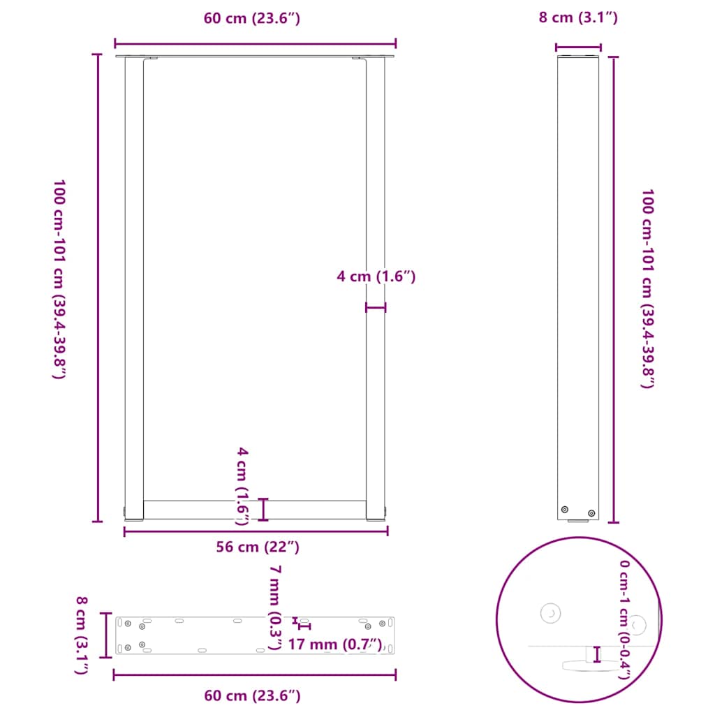 Salongbordben U-formet 2 stk naturell 60x(100-101) cm stål