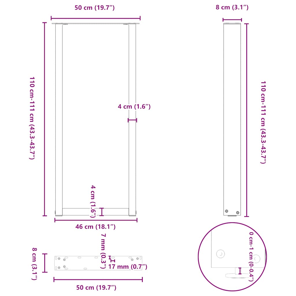 Salongbordben U-formet 2 stk naturell 50x(110-111) cm stål