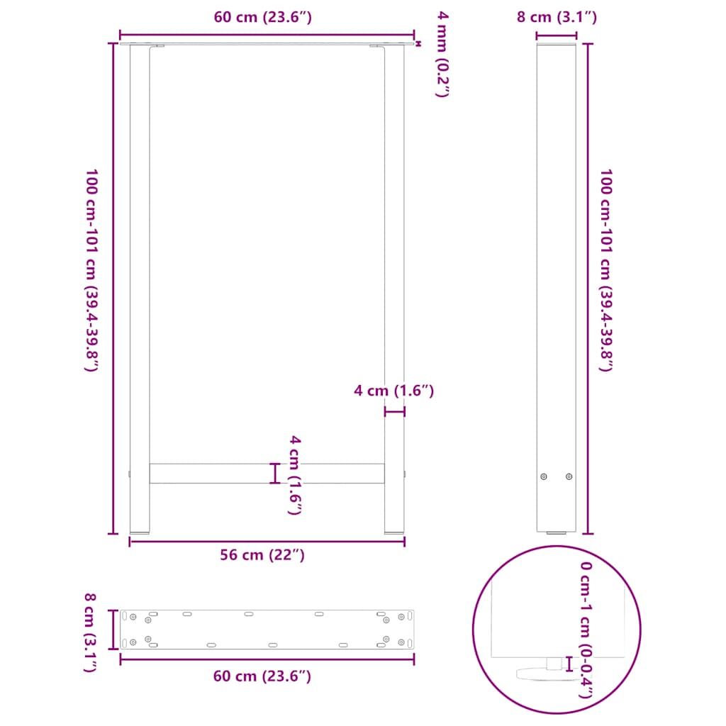 Salongbordben 2 stk naturell 60x(100-101) cm stål