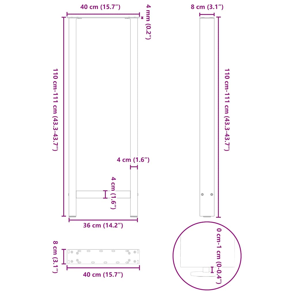 Salongbordben 2 stk hvit 40x(110-111) cm stål