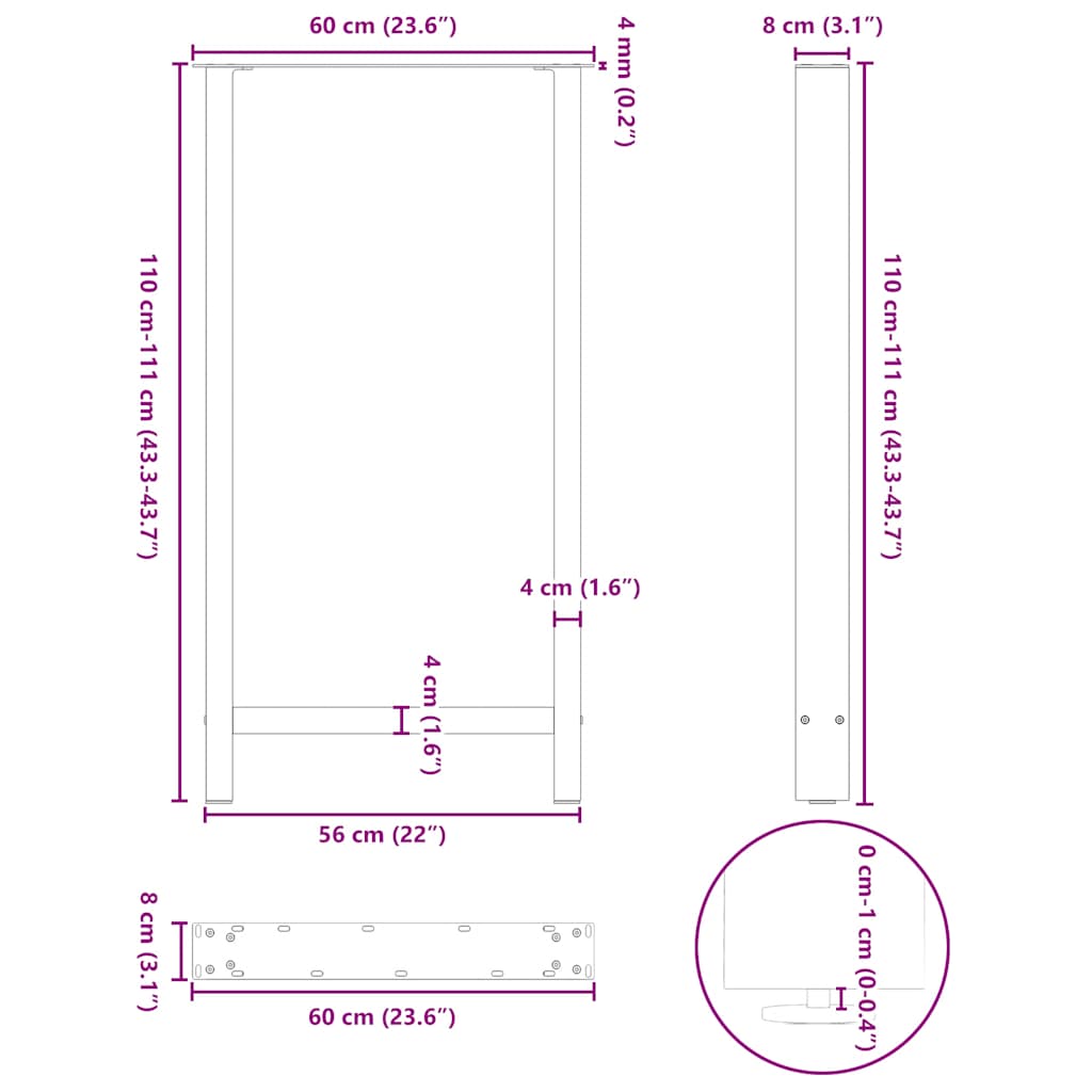 Salongbordben 2 stk hvit 60x(110-111) cm stål