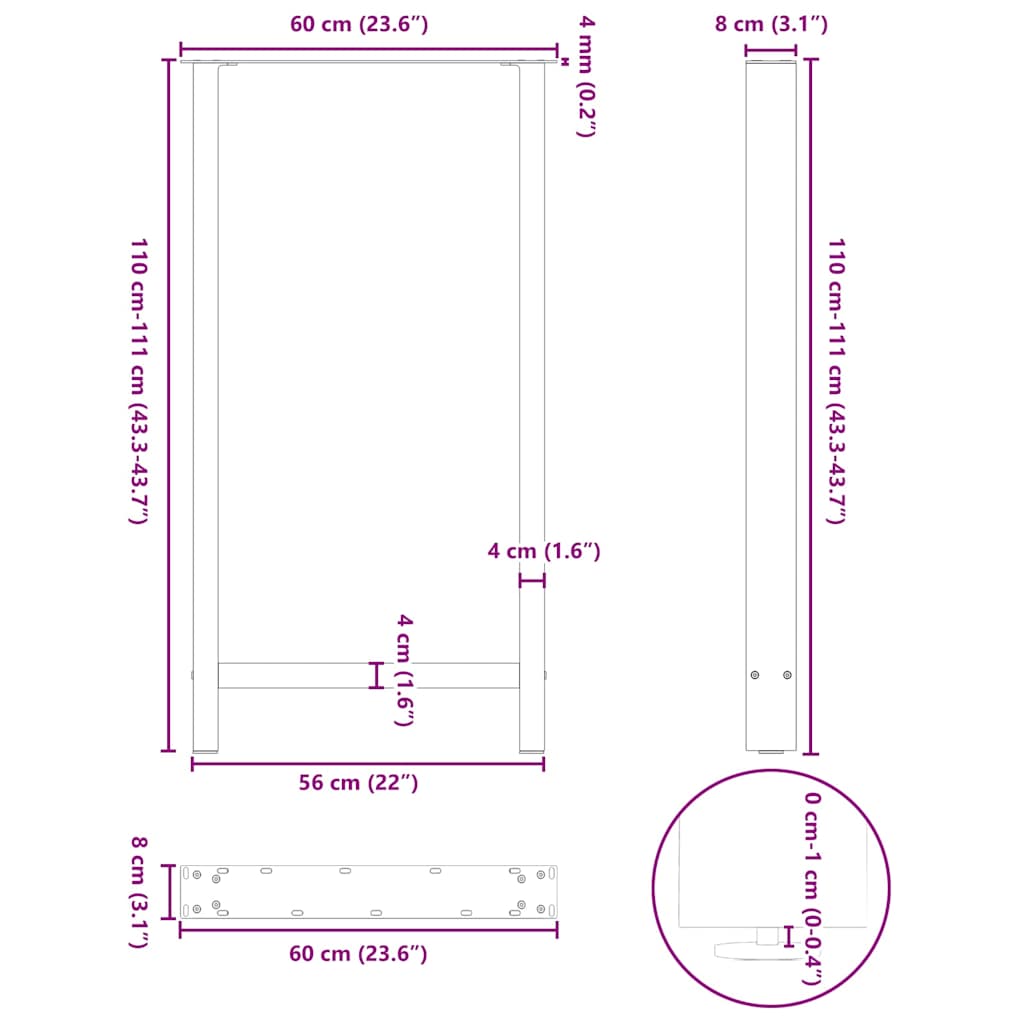 Salongbordben 2 stk naturell 60x(110-111) cm stål