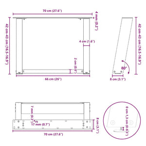 Salongbordben U-formet 2 stk hvit 70x(42-43) cm stål