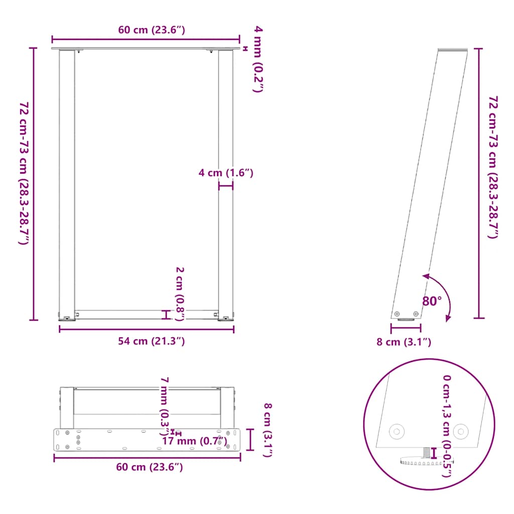 Spisebordben U-formet 2 stk hvit 60x(72-73) cm stål