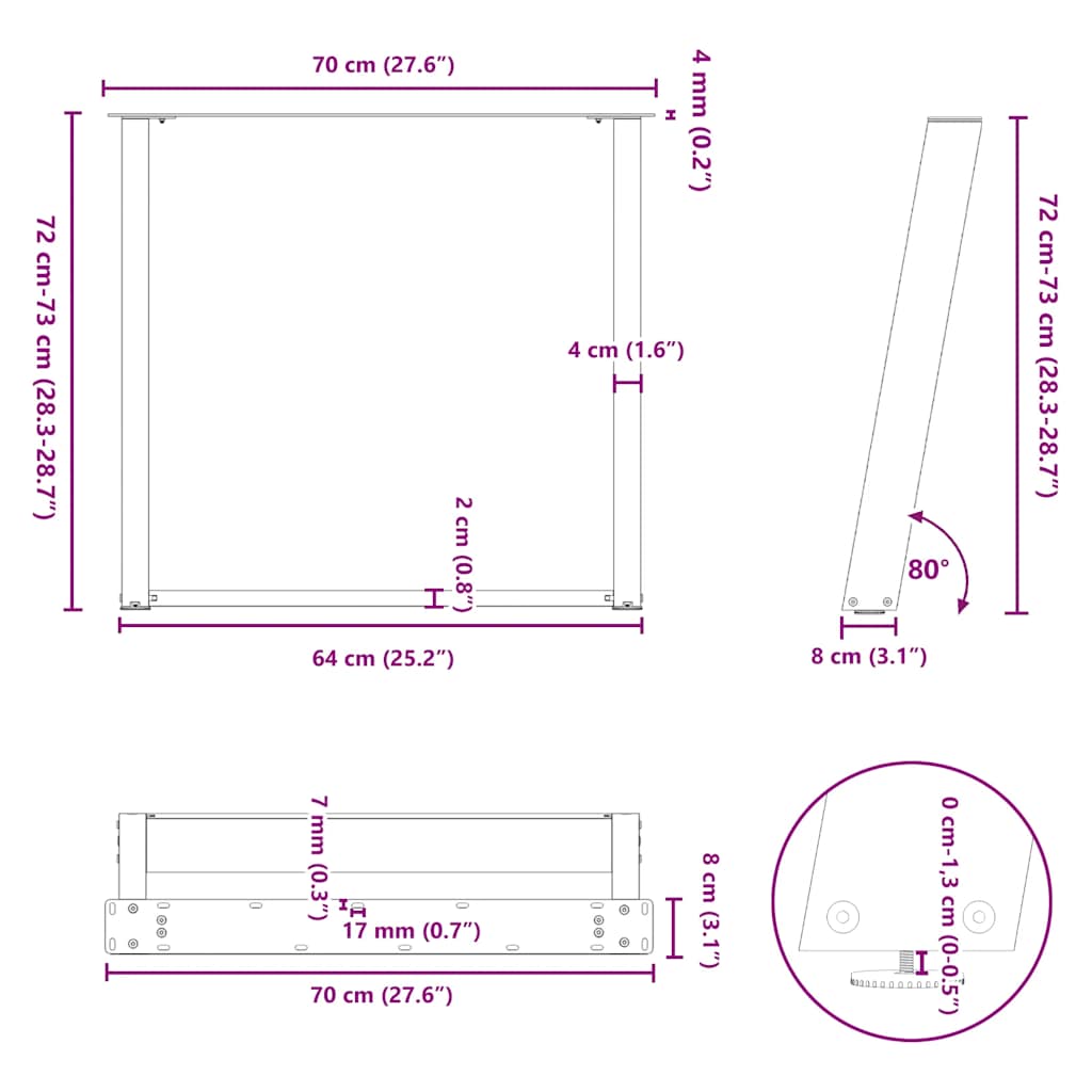 Spisebordben U-formet 2 stk hvit 70x(72-73) cm stål