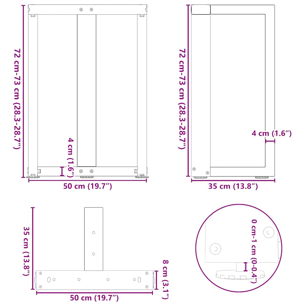 Spisebordben T-formet 2 stk hvit 50x35x(72-73) cm stål