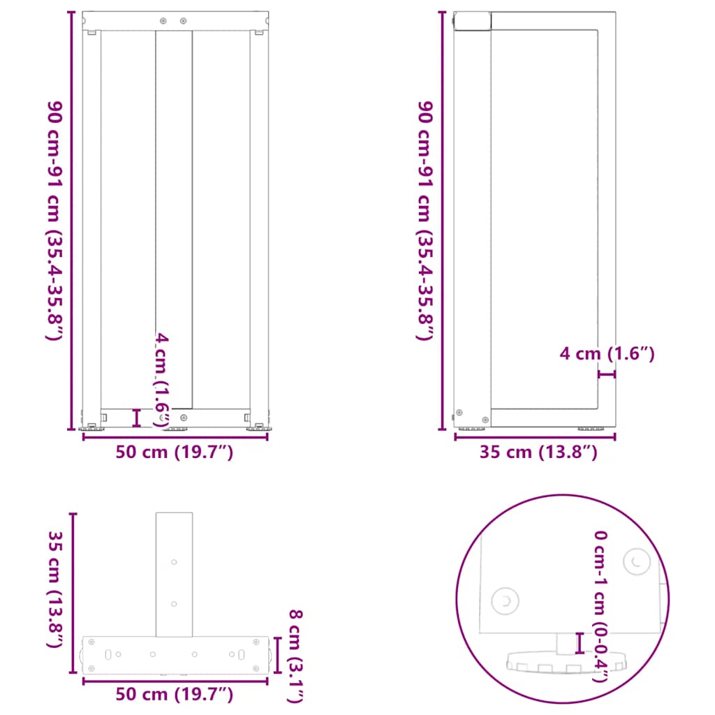 Barbordben T-formet 2 stk hvit 50x35x(90-91) cm stål
