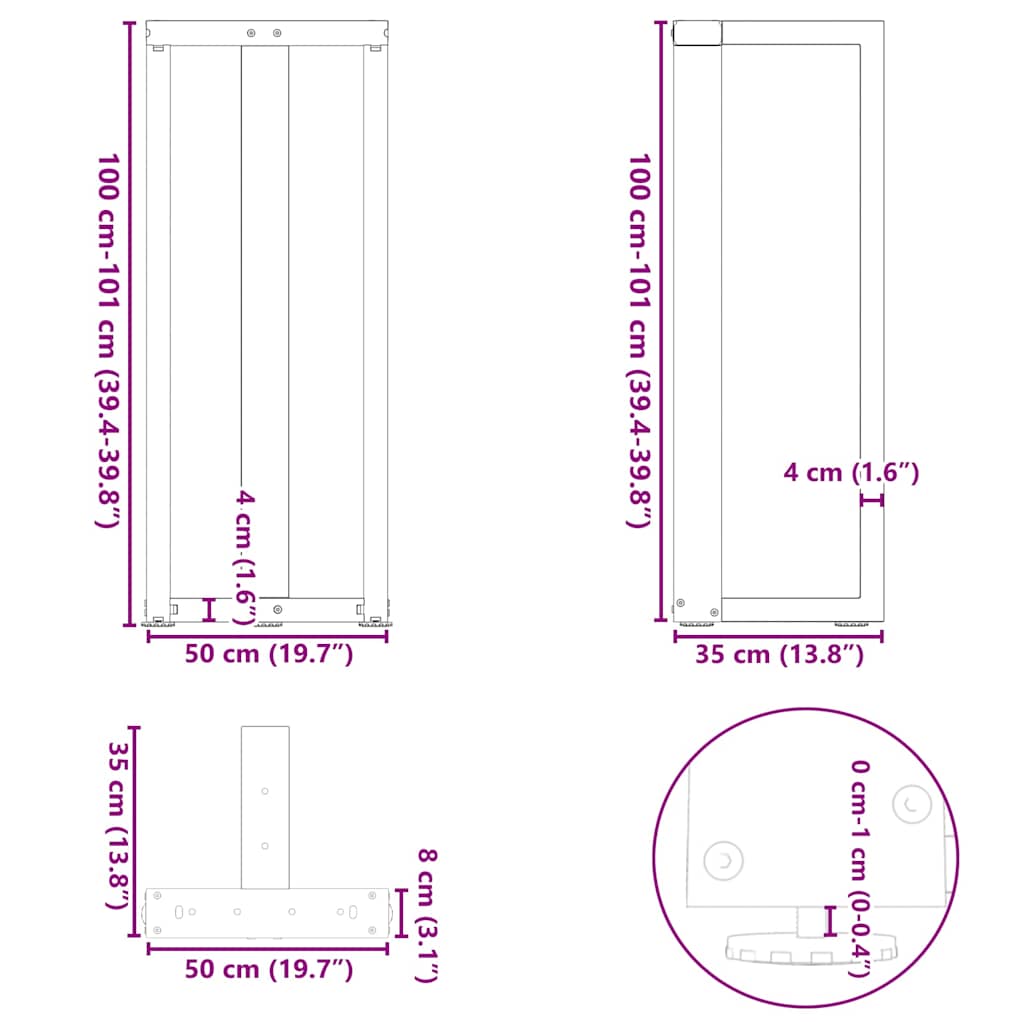 Barbordben T-formet 2 stk naturell 50x35x(100-101) cm stål