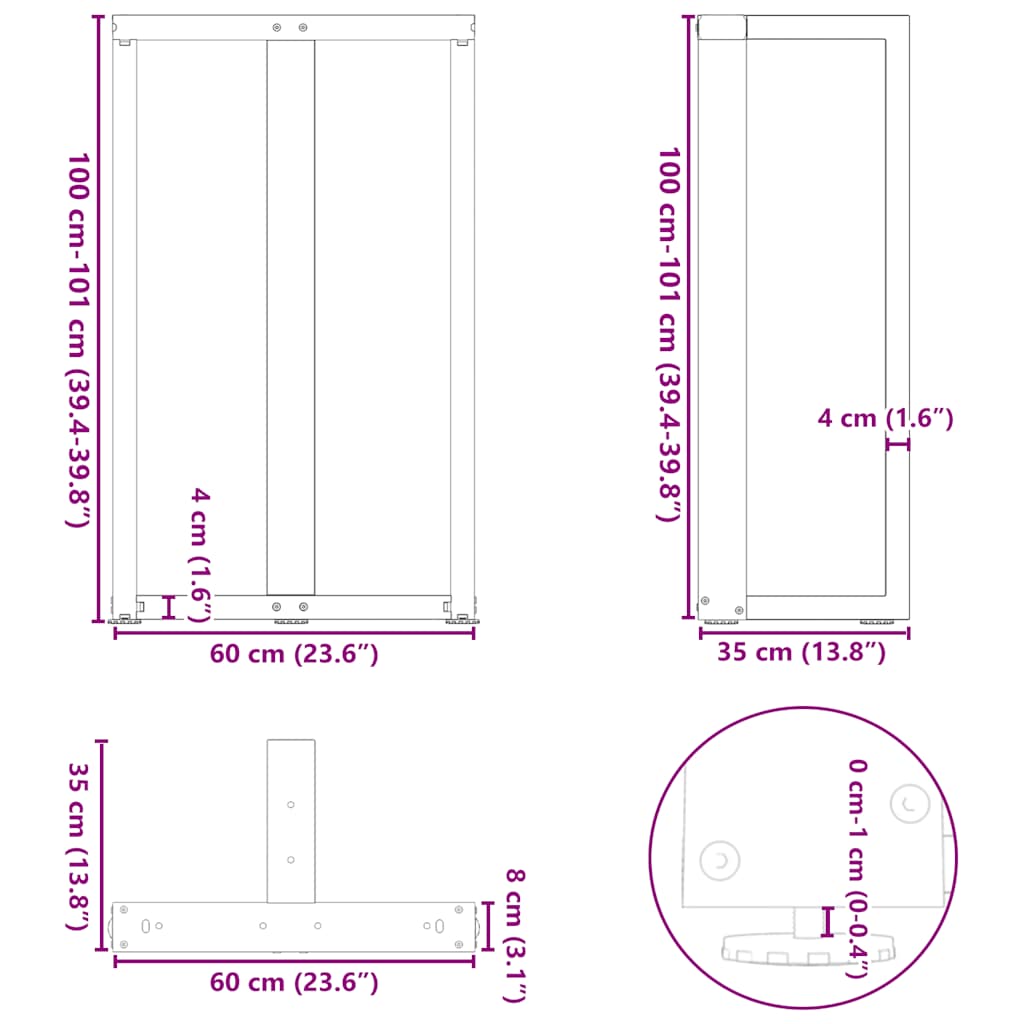 Barbordben T-formet 2 stk hvit 60x35x(100-101) cm stål