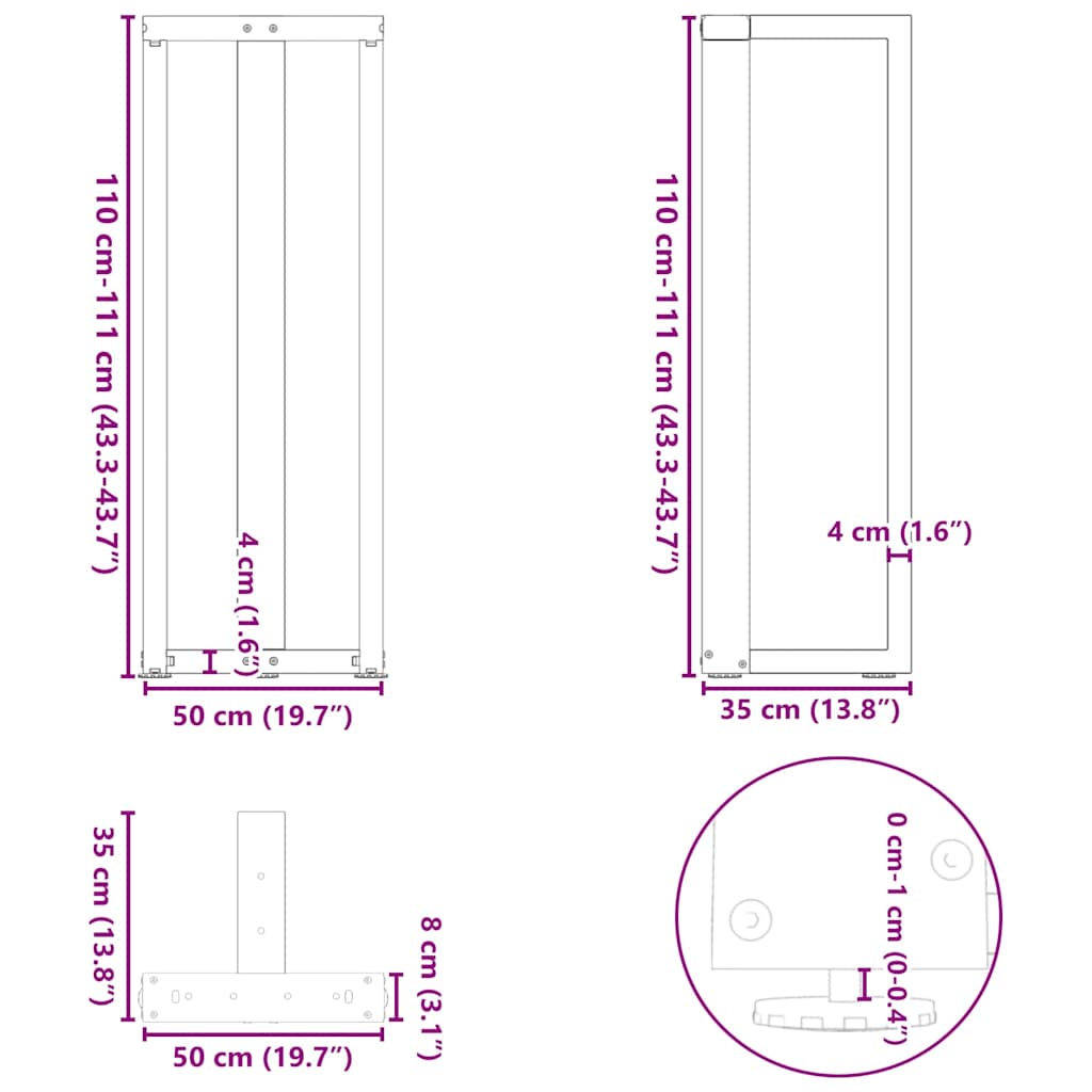 Barbordben T-formet 2 stk hvit 50x35x(110-111) cm stål
