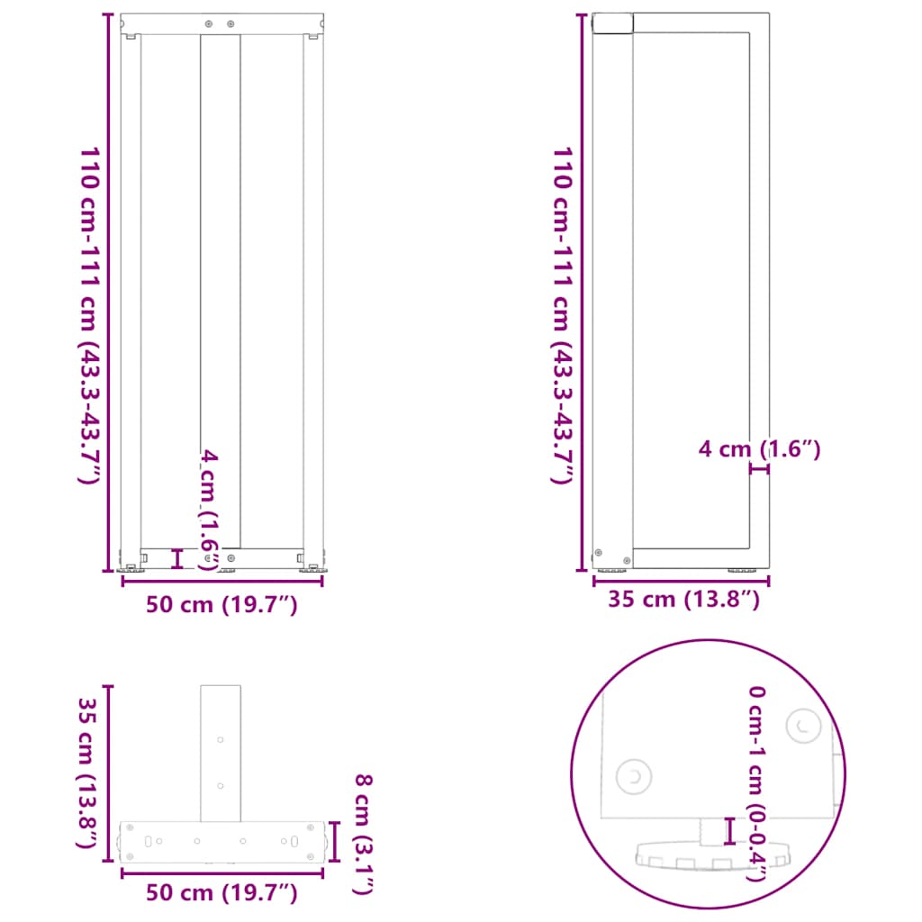 Barbordben T-formet 2 stk naturell 50x35x(110-111) cm stål