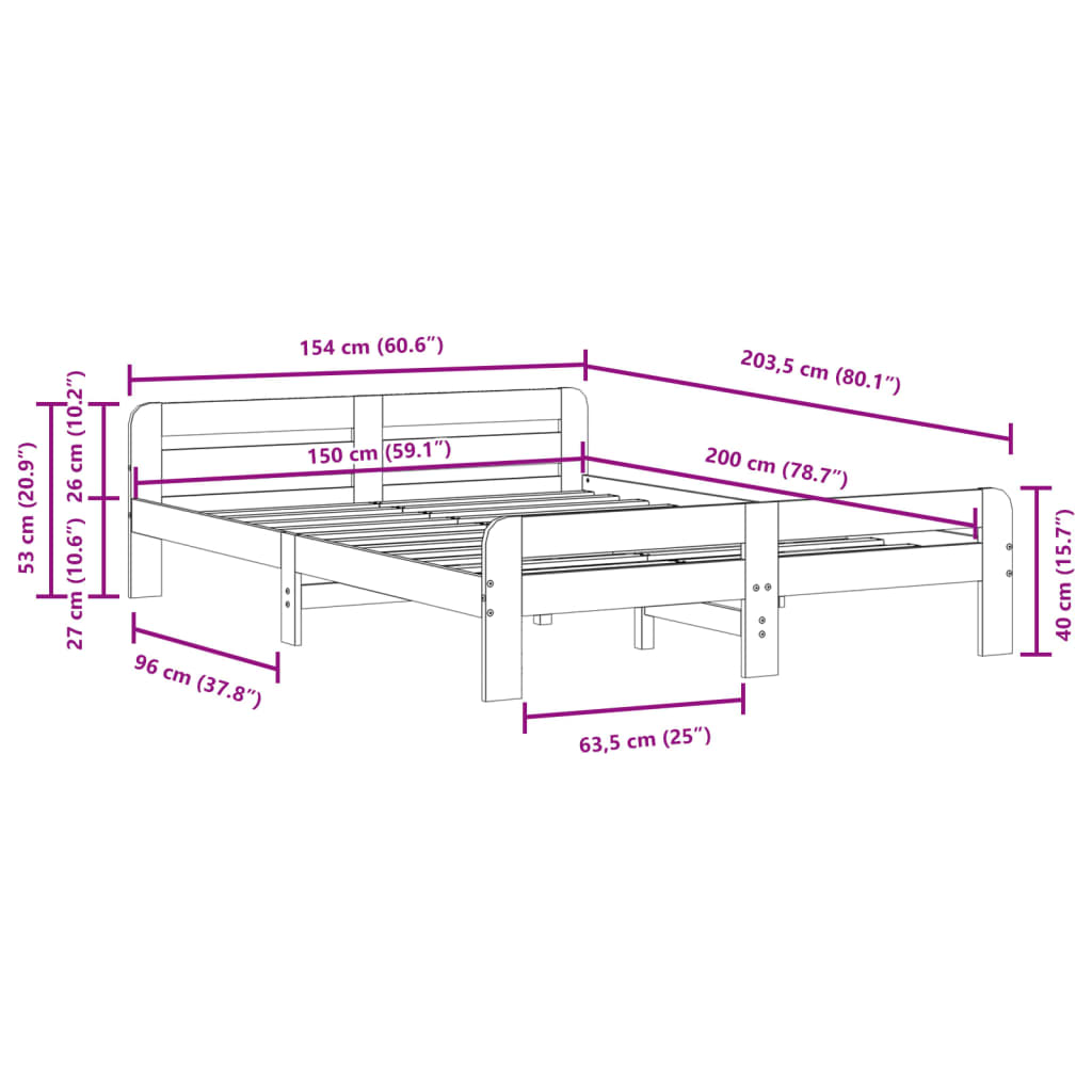 Sengeramme uten madrass brun 150x200 cm heltre furu
