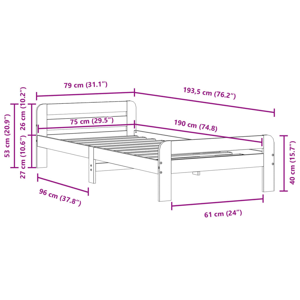 Sengeramme uten madrass hvit 75x190 cm heltre furu