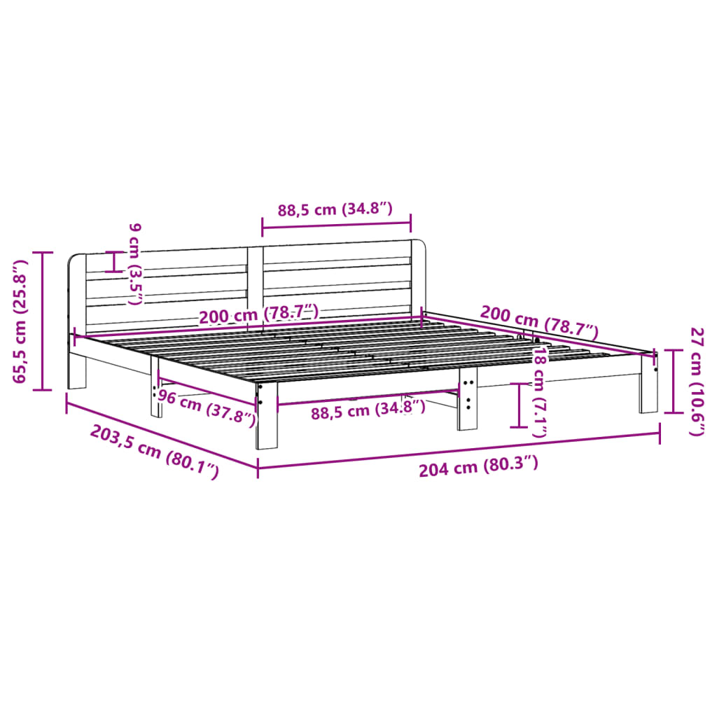 Sengeramme med madrass 200x200 cm heltre furu
