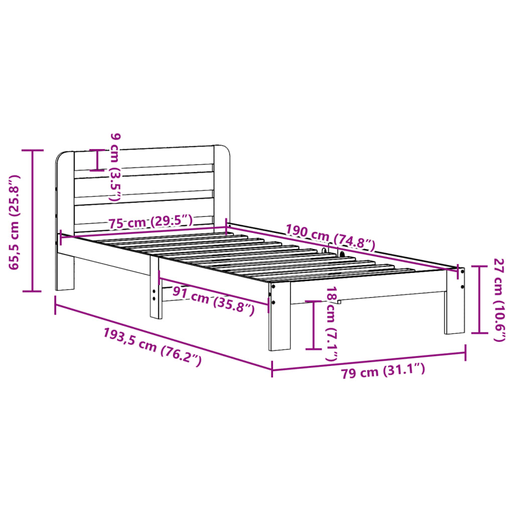 Sengeramme uten madrass hvit 75x190 cm heltre furu