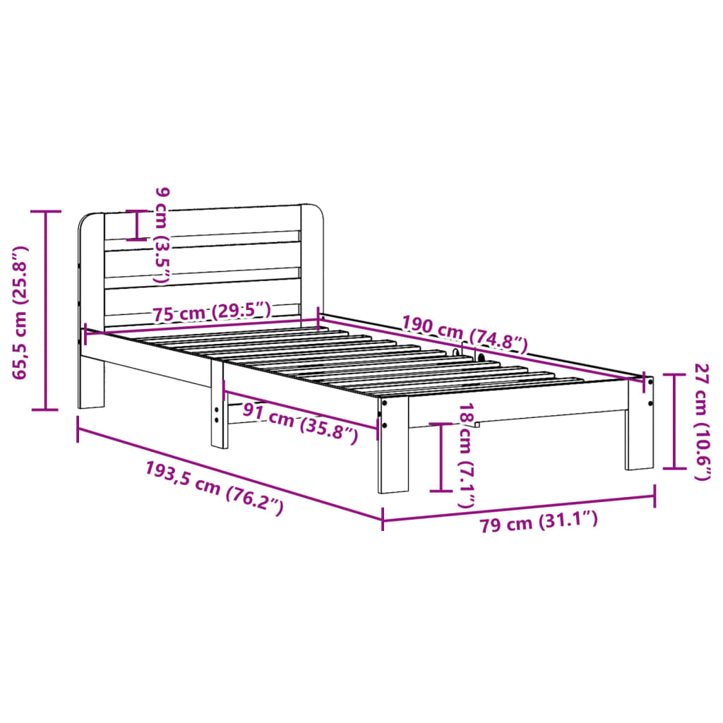 Sengeramme uten madrass voksbrun 75x190 cm heltre furu