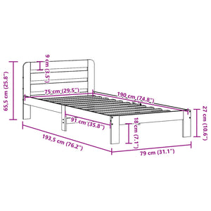 Sengeramme uten madrass voksbrun 75x190 cm heltre furu