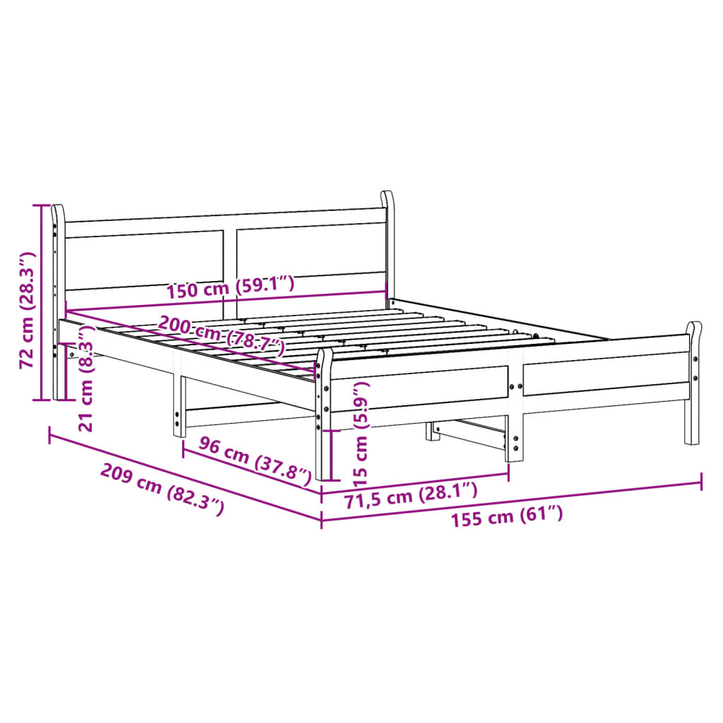 Sengeramme uten madrass brun 150x200 cm heltre furu