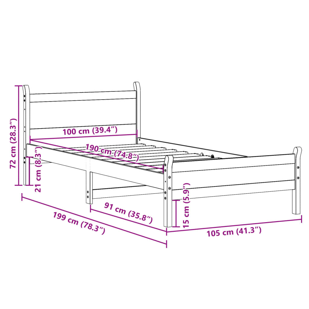 Sengeramme uten madrass voksbrun 100x200 cm heltre furu