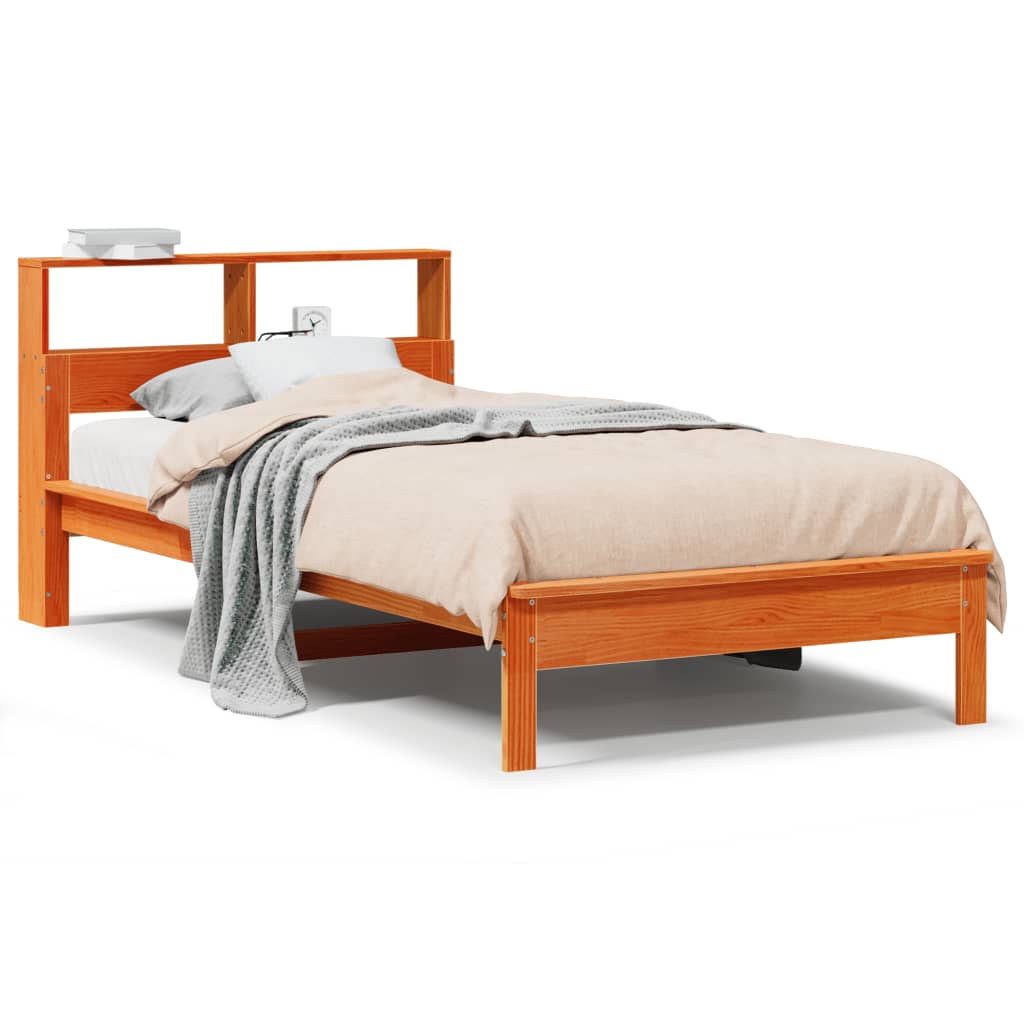 Seng med bokhylle uten madrass voksbrun 100x200 cm heltre furu