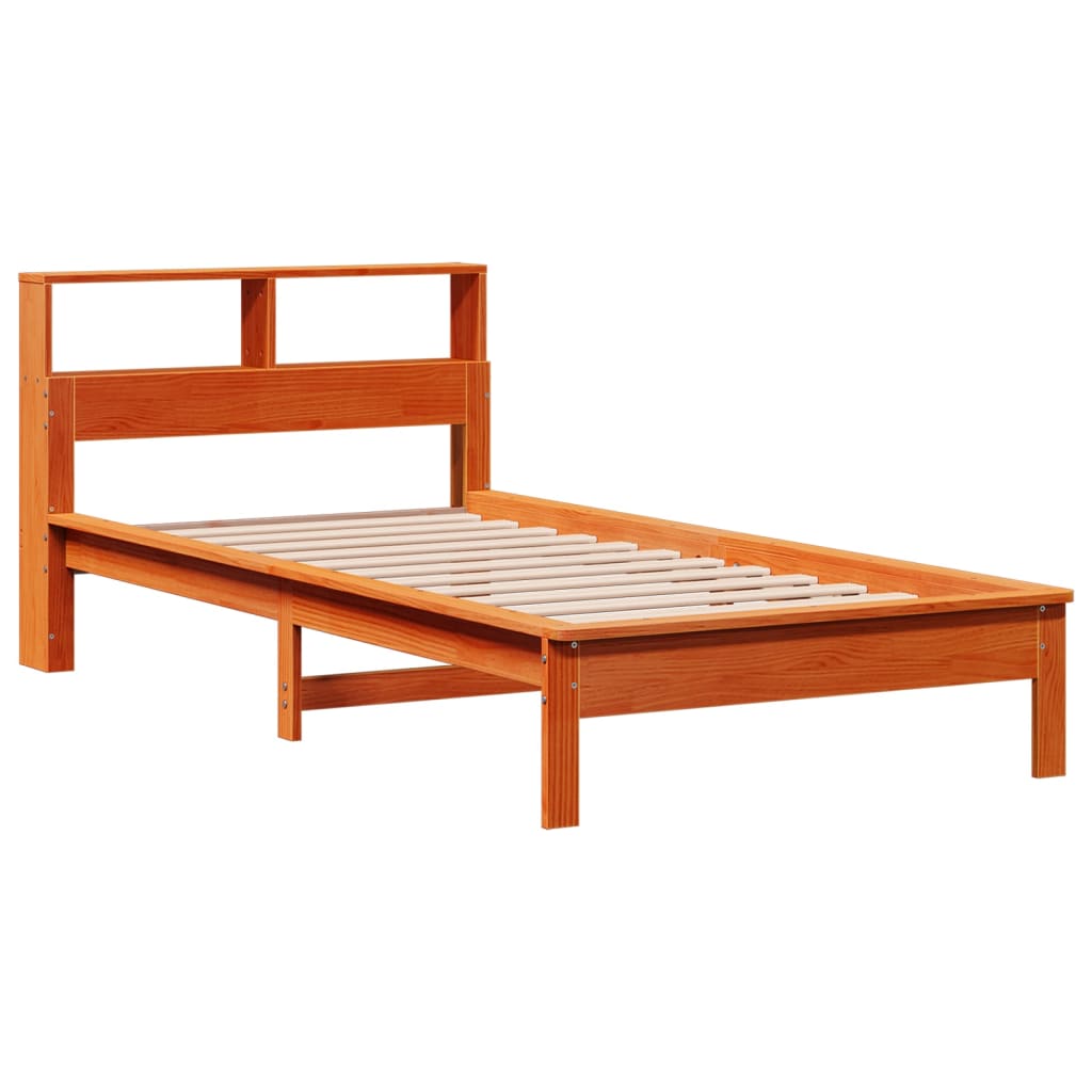 Seng med bokhylle uten madrass voksbrun 100x200 cm heltre furu