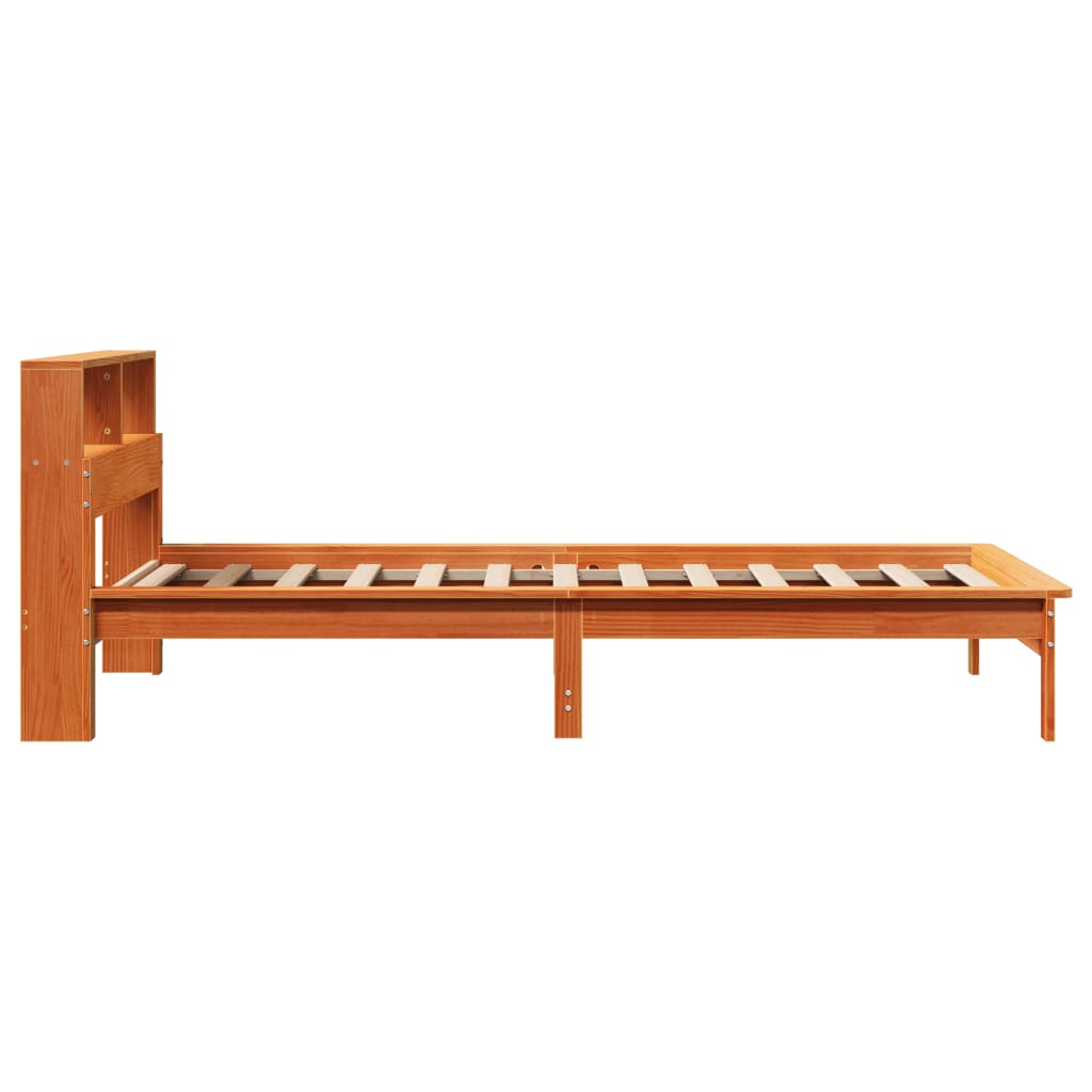 Seng med bokhylle uten madrass voksbrun 100x200 cm heltre furu