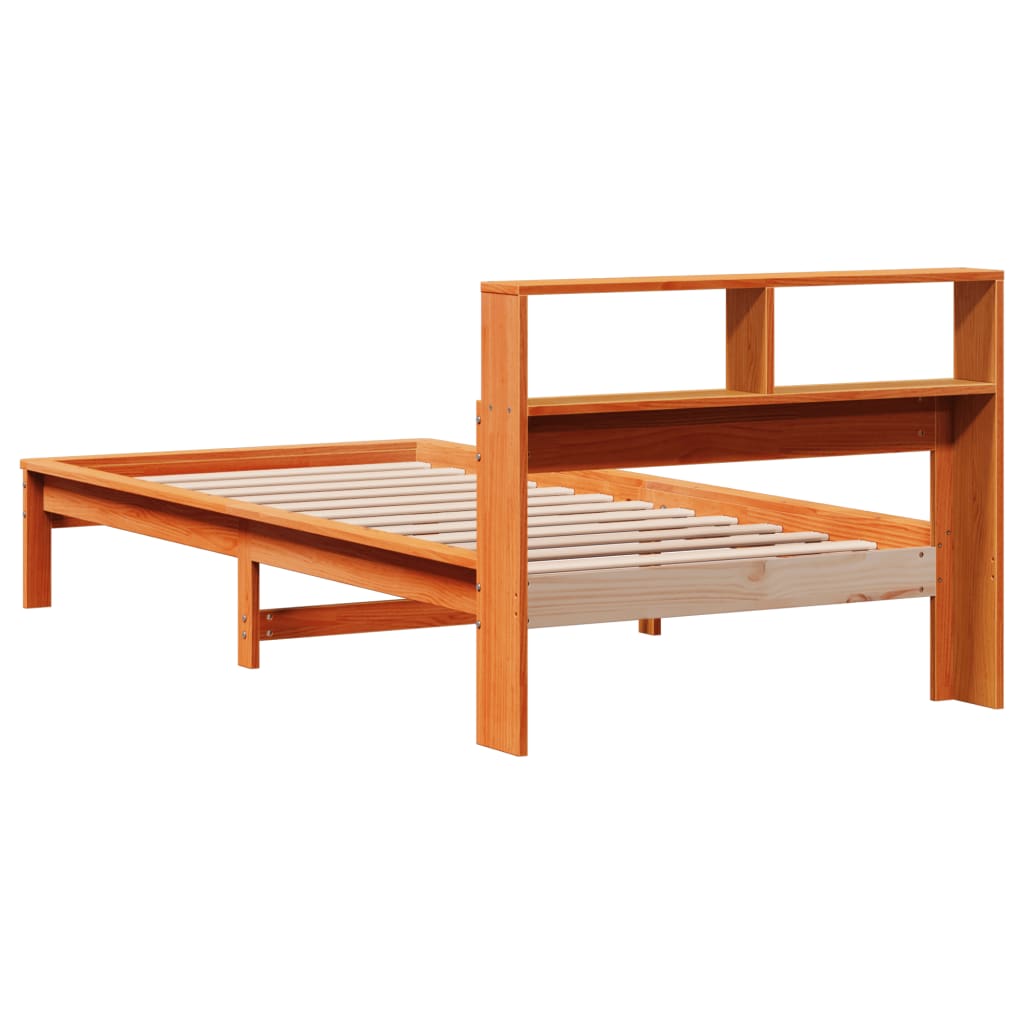 Seng med bokhylle uten madrass voksbrun 100x200 cm heltre furu