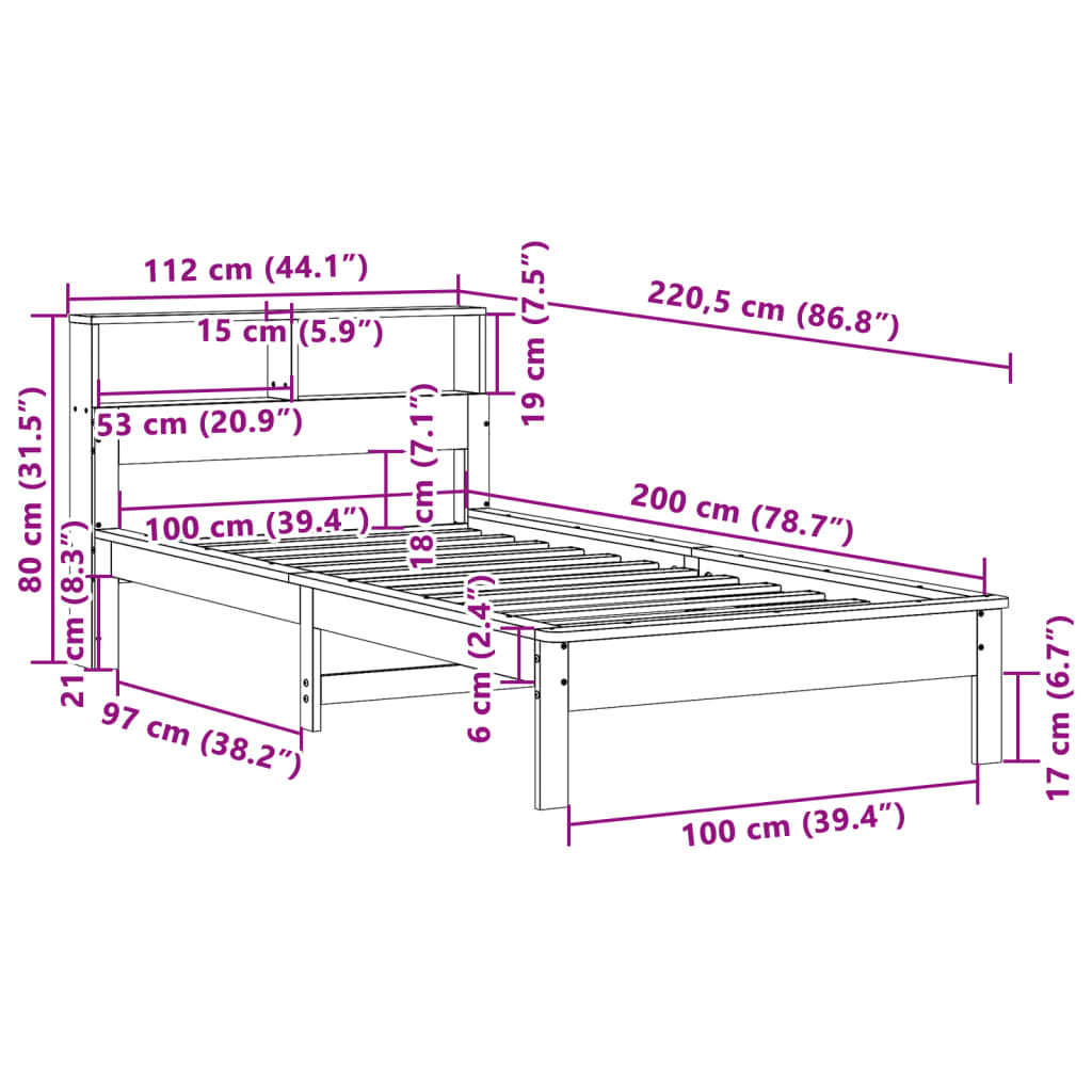 Seng med bokhylle uten madrass voksbrun 100x200 cm heltre furu