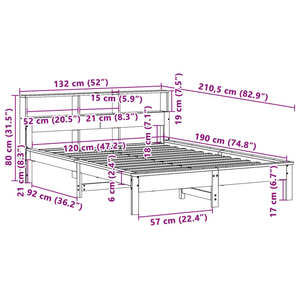 Seng med bokhylle uten madrass hvit 120x190 cm heltre furu