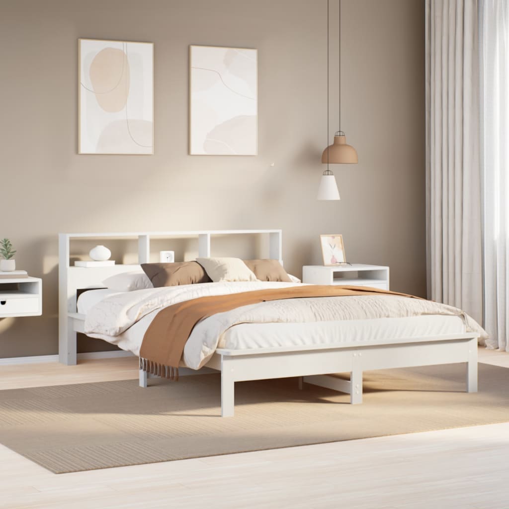 Seng med bokhylle uten madrass hvit 120x190 cm heltre furu