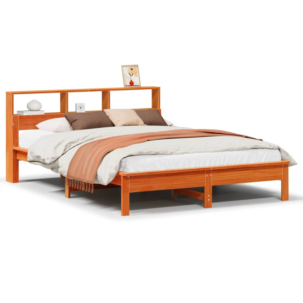 Seng med bokhylle uten madrass voksbrun 120x190 cm heltre furu