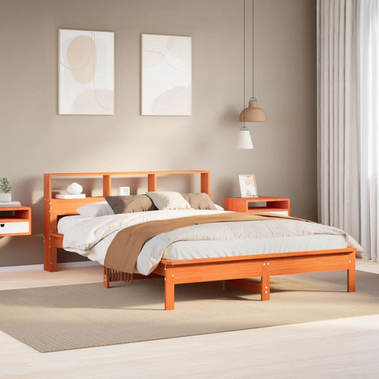 Seng med bokhylle uten madrass voksbrun 120x190 cm heltre furu