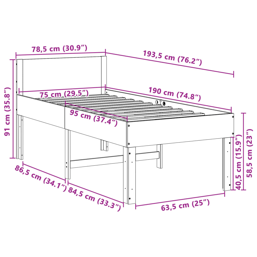 Sengeramme uten madrass hvit 75x190 cm heltre furu