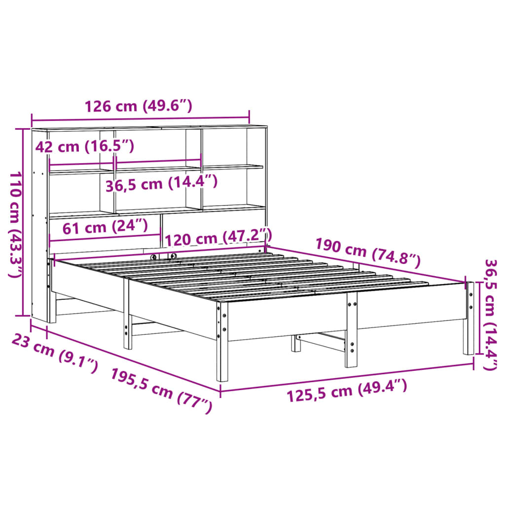 Bed with bookcase without mattress 120x190 cm solid pine wood