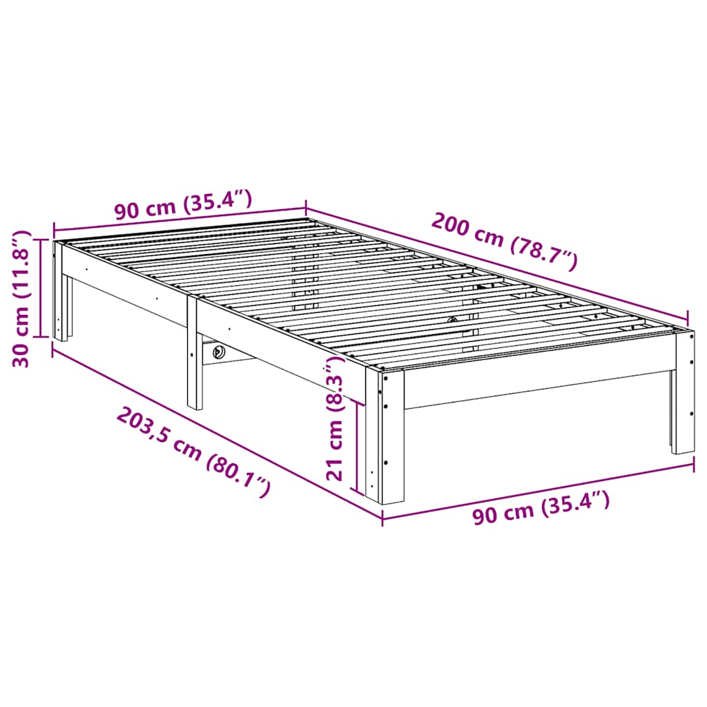 Sengeramme uten madrass hvit 90x200 cm heltre furu