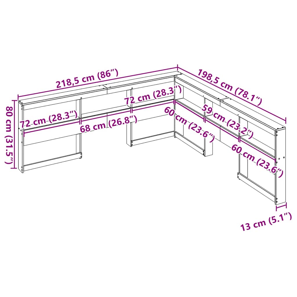 Bokhylle sengegavl L-formet voksbrun 180 cm heltre furu
